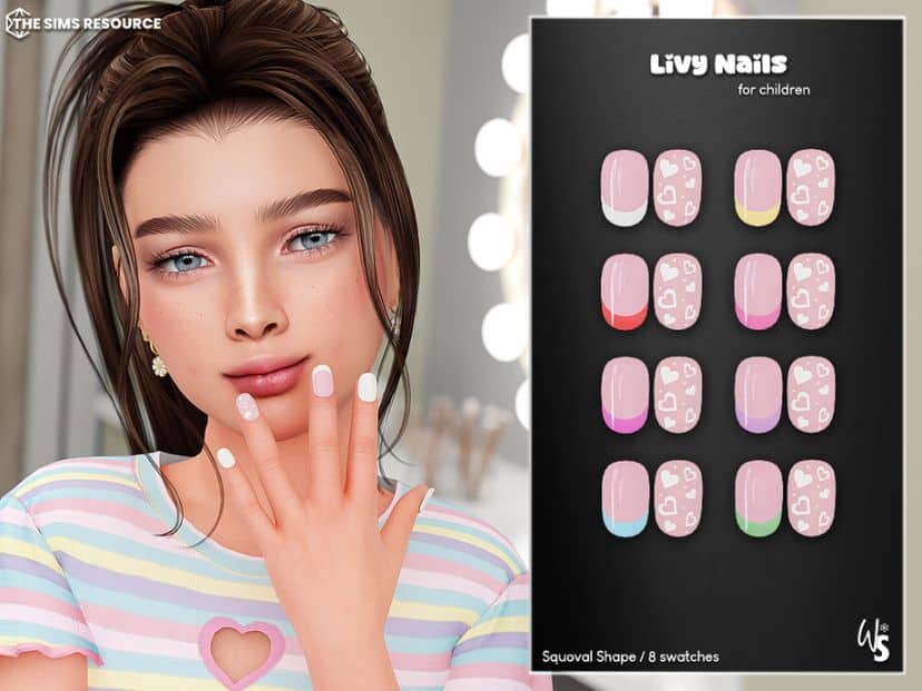 child Sim with nails with colorful French tips and heart designs