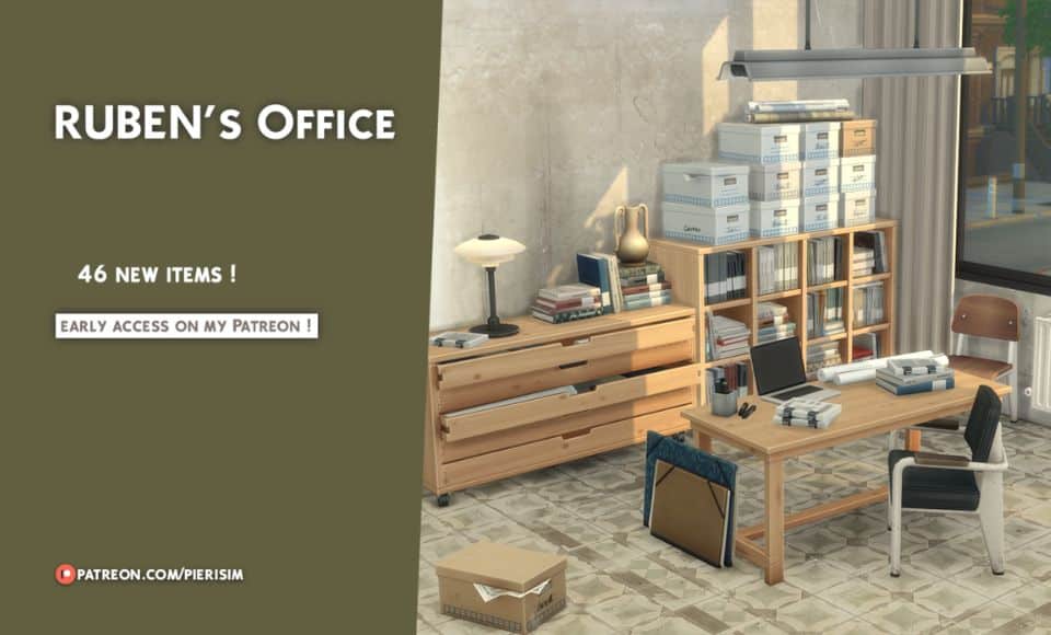 a light wooden office with filing boxes piled high