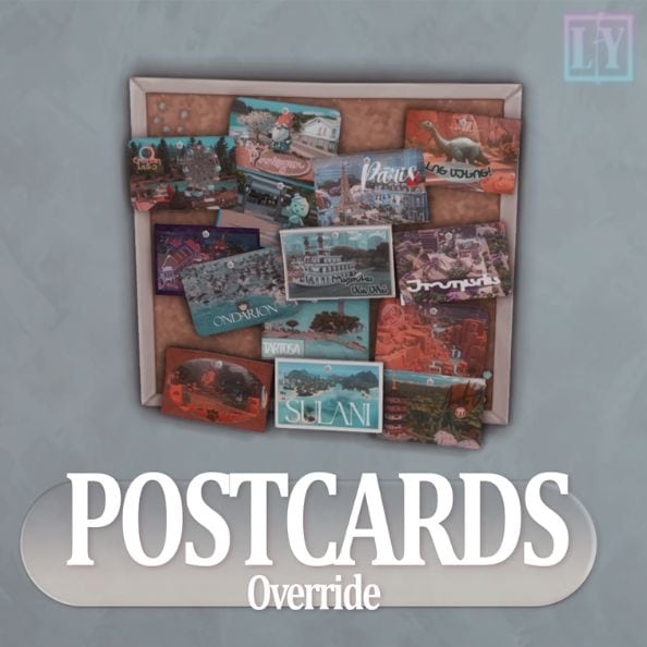 a billboard with mixed postcards