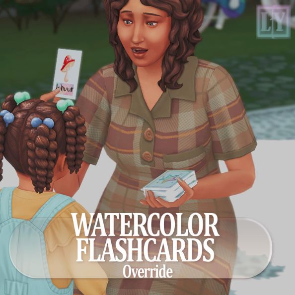 Adult sim showing a watercolor flashcard to a child