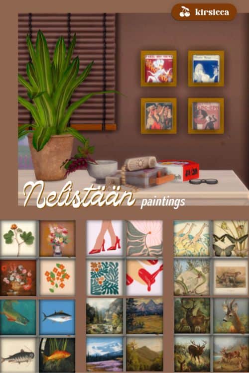 four paintings on a wall and more swatches show in the table