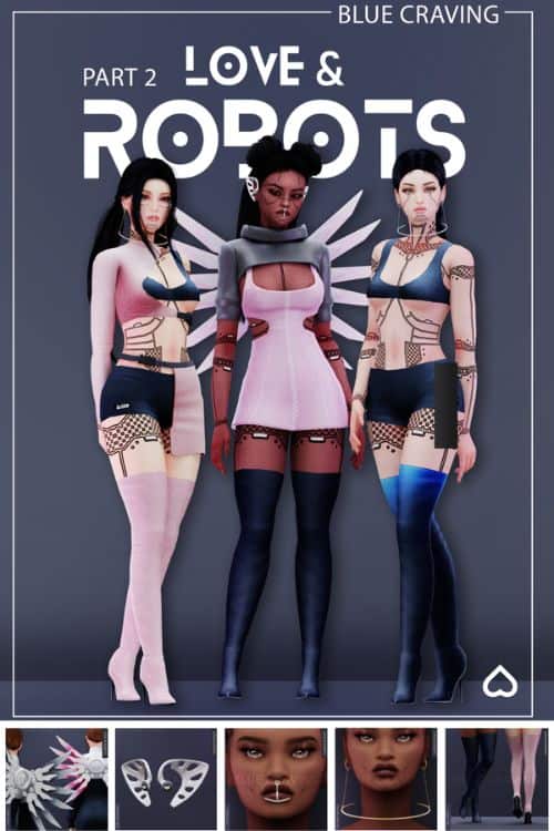 female Sims dressed in modern outfits with cyber wings and metal headphones