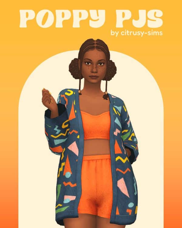 female Sim wearing an orange pajamas set, a blue cardigan with an abstract pattern
