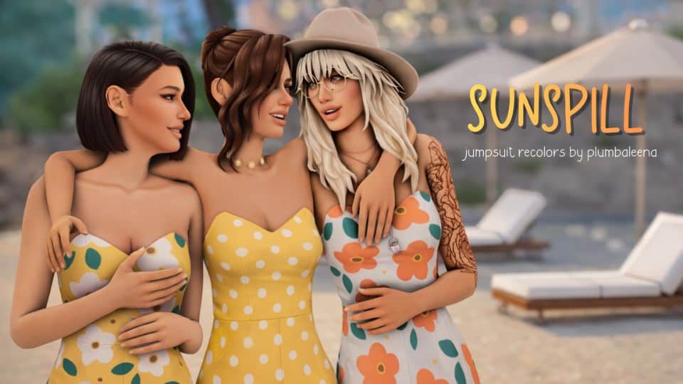 three female Sims wearing jumpsuits with summer patterns