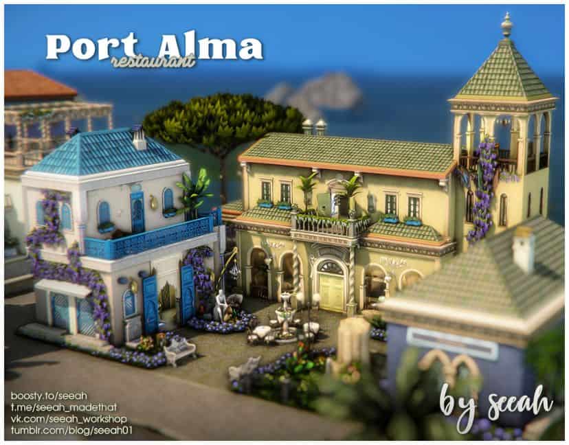 A Mediterranean-style Sims 4 restaurant with elegant courtyard dining