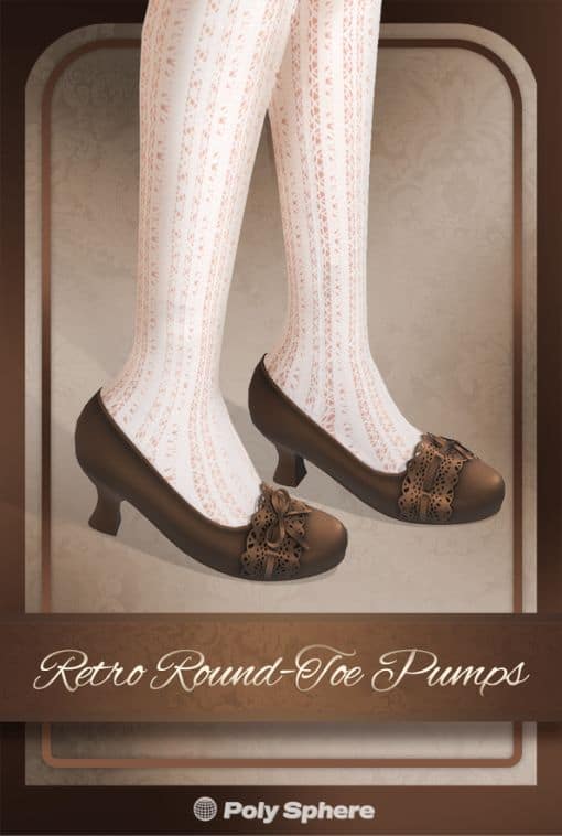 close up of a Sim modeling brown round-toe pumps and white stockings