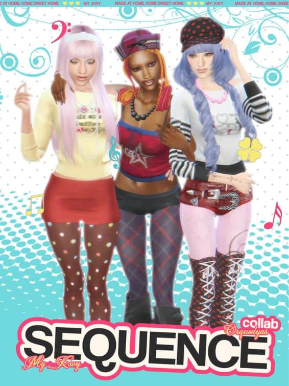 three female Sims wearing modern clothes, colorful tights, hats, caps