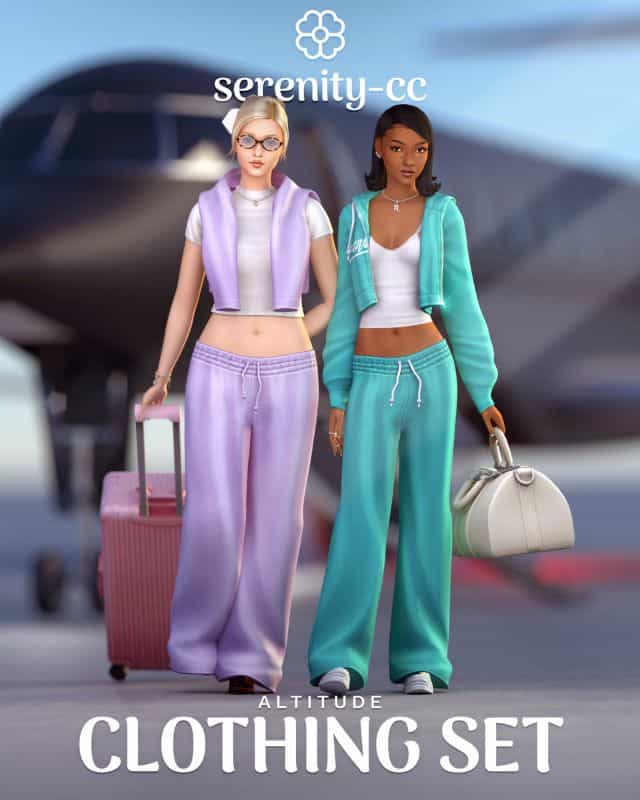 two female Sims wearing comfortable Y2K-inspired clothing for travel