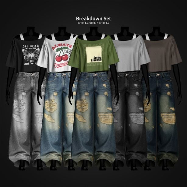 collage of off-shoulder T-shirts and distressed baggy jeans in different swatches