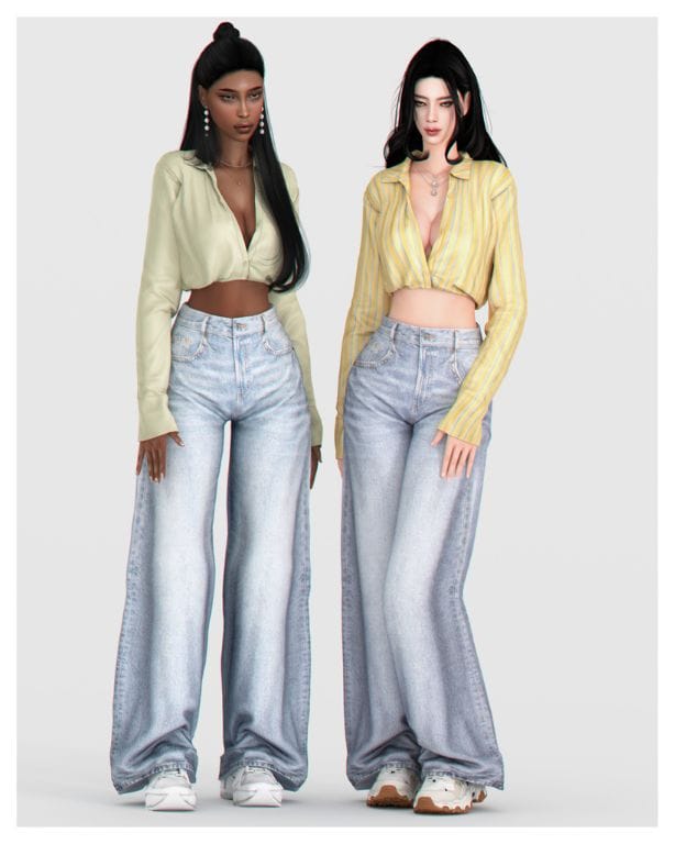 female Sims wearing crop blouses and loose fit jeans