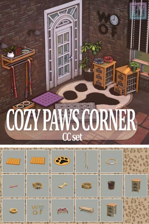 a Sim's home with a pet corner and items shown in a table below