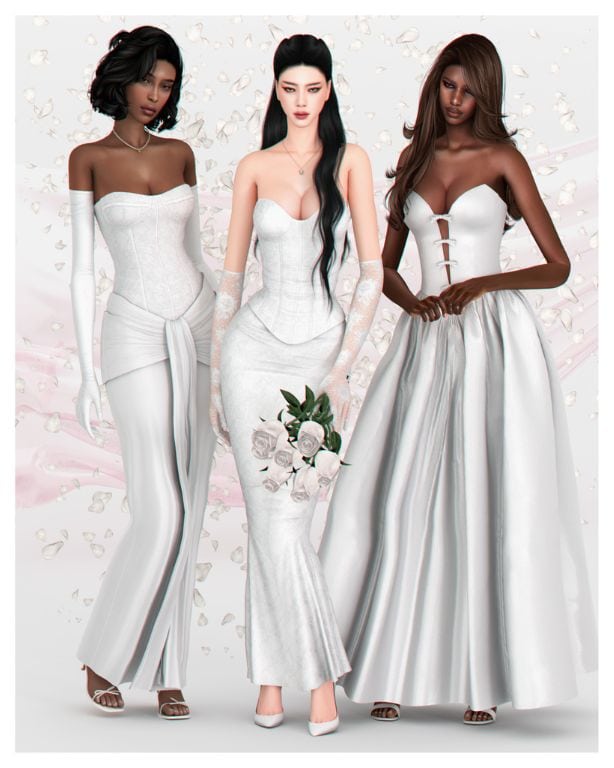 three female Sims wearing silver-like wedding dresses