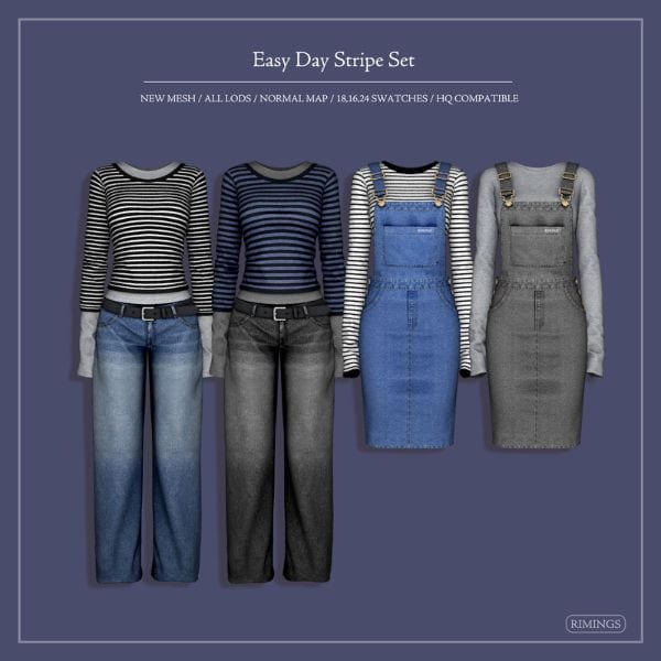 collage of striped top, jeans, and denim overalls outfit