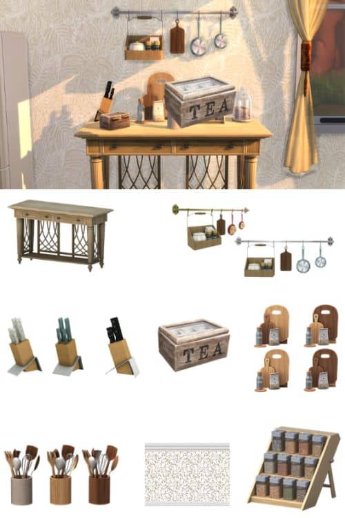 collage of a wooden kitchen console table and other kitchen essentials
