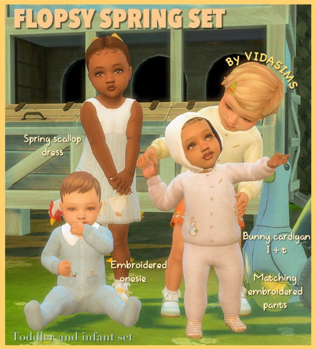 toddler and infant Sims dressed in spring clothing