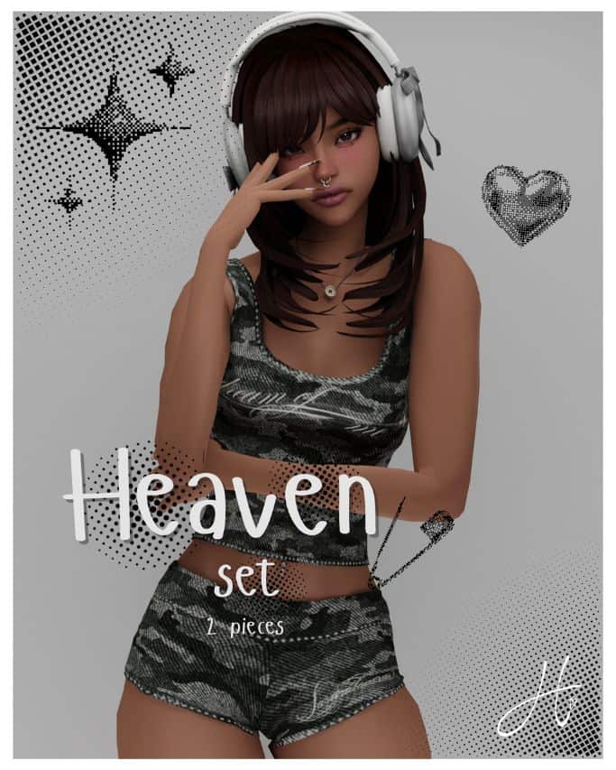 female Sim wearing camo mini shorts and a tank top