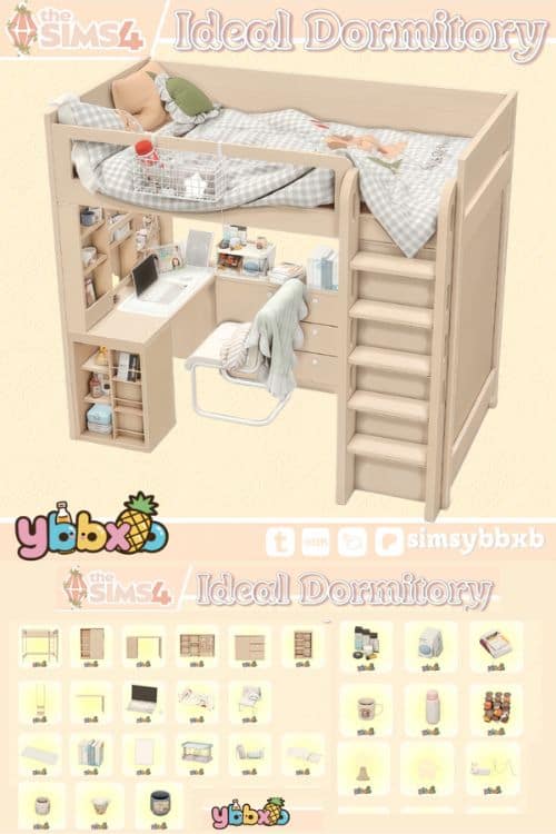 a dormitory setup with a collage of item below
