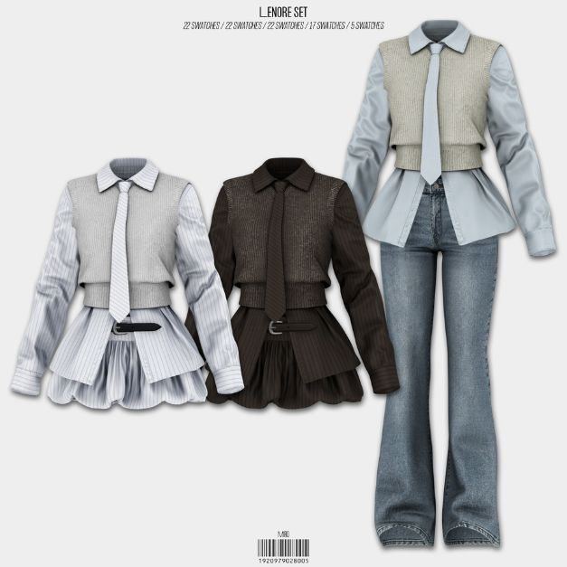 sweater vest, shirt, tie, skirt and pants outfit ideas displayed in a mockup