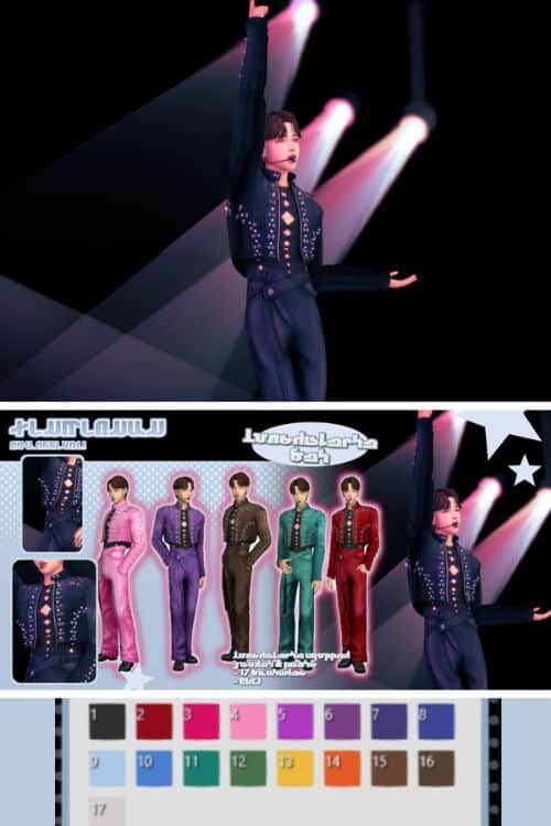 male Kpop sims dressed in a cropped leather jacket and matching pants