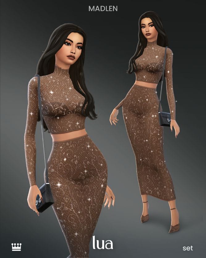 female Sim wearing a two-piece sparkly outfit with a black bag