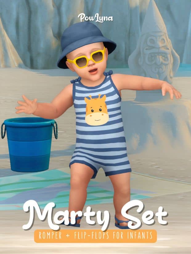 infant Sim wearing a blue stripped romper with a giraffe graphic and sandals