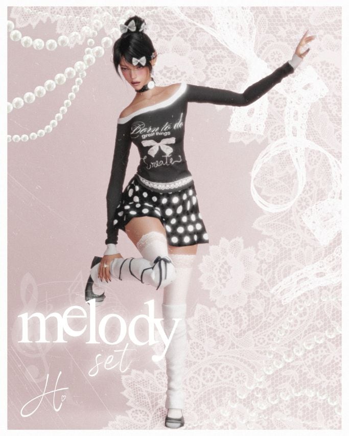 female Sim with a long sleeve top and polka dot skirt