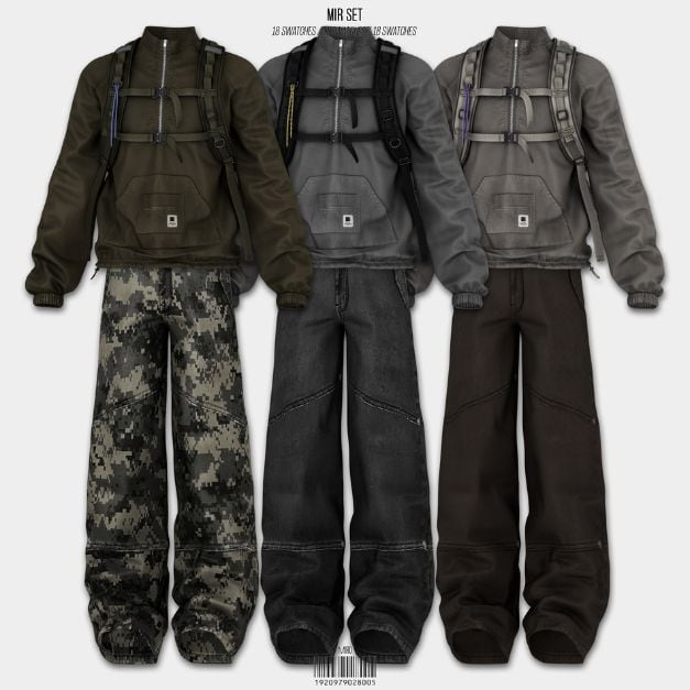 collage of a half-zip jacket, baggy pants and chest harness in different swatches