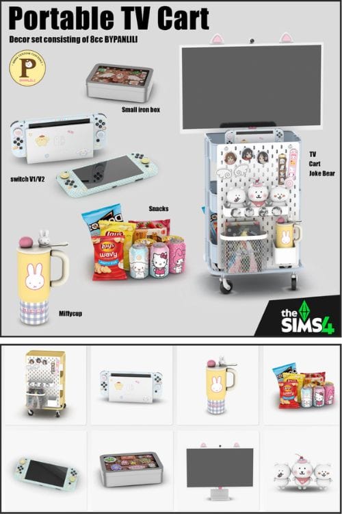 collage of a portable TV cart, gaming items, decor pieces