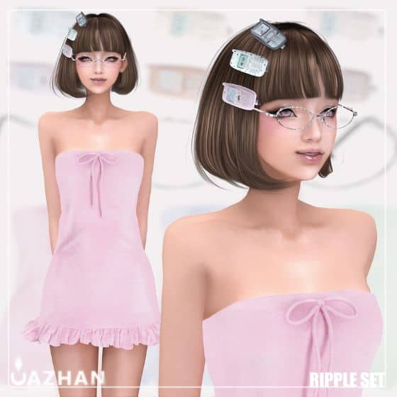 female sim wearing a light pink tube dress, glasses and cellphone-shaped hair clips