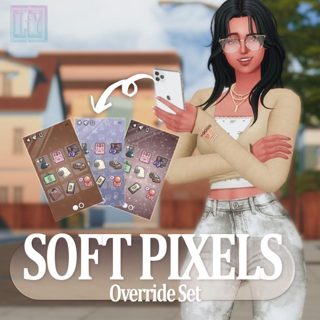 female Sim holding a cellphone, showing different wallpapers and phone icons