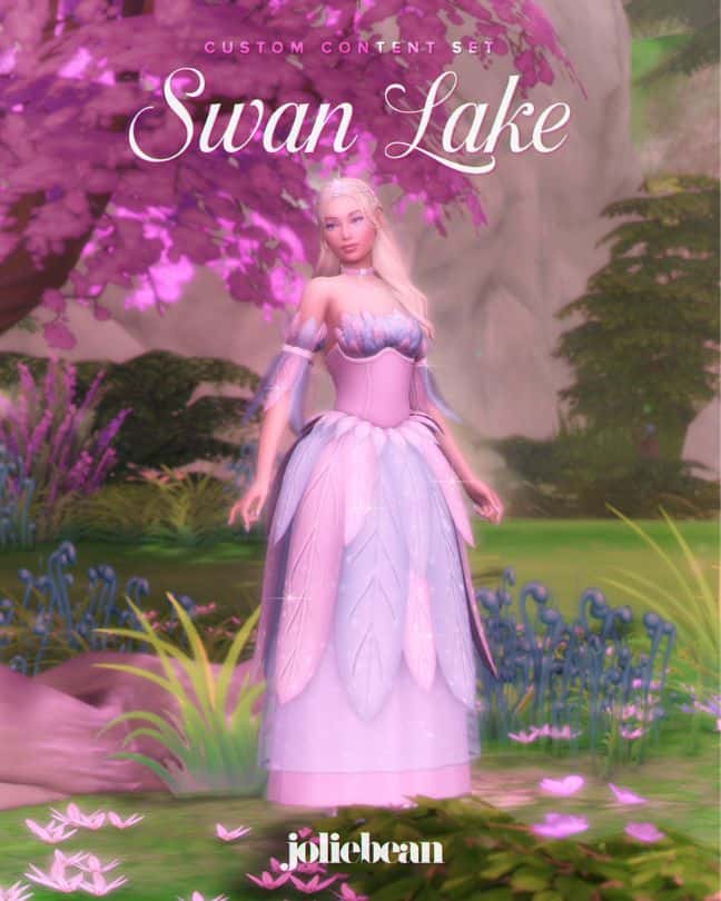 female Sim dressed in a Swan Lake-inspired dress and accessories