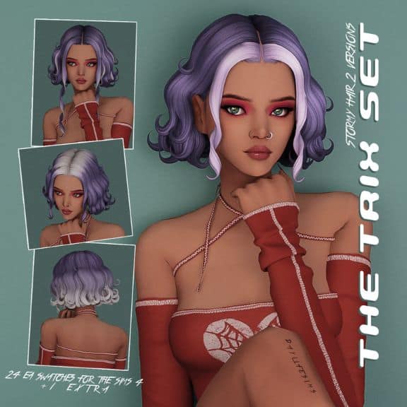 female sim with a short purple and lilac ombre hair