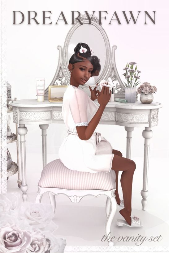 female sim sitting at a vanity table