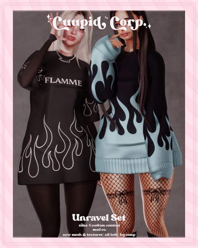 female Sims wearing flame-inspired outfits with gloves and stockings