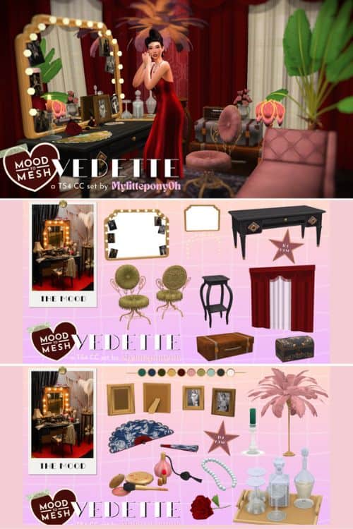 female standing in a fancy Hollywood-style dressing room and items show in a collage below
