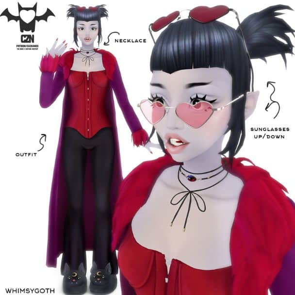 female Sim wearing an outfit with a cape-like jacket, sunglasses, and necklace