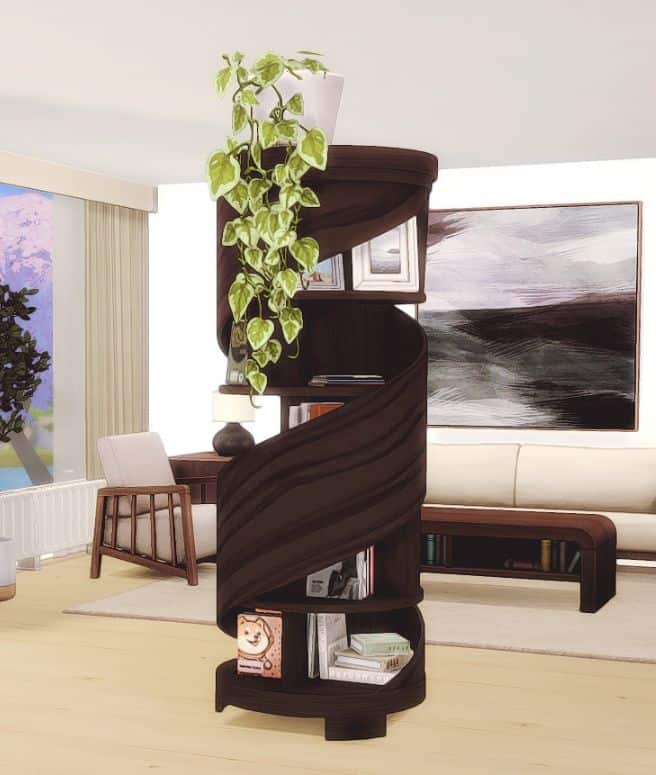 a dark brown, spiral bookshelf