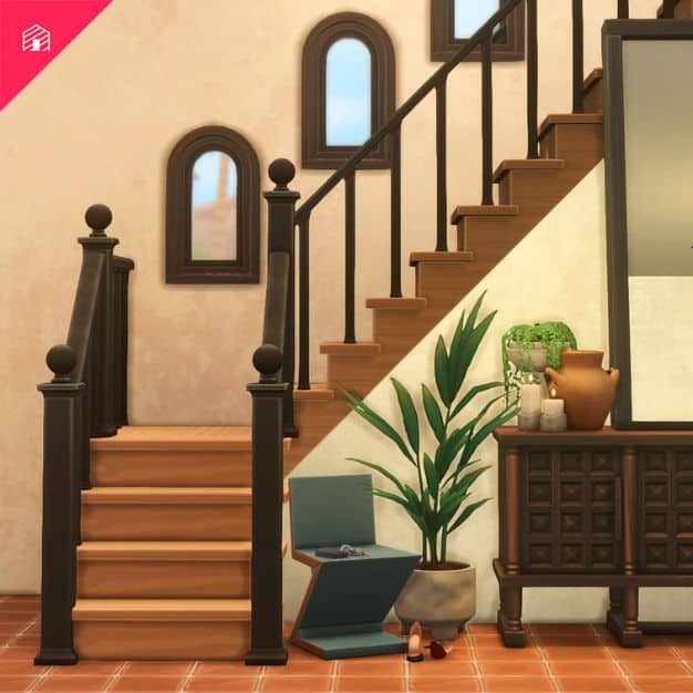 a modern home with a beige and brown staircase