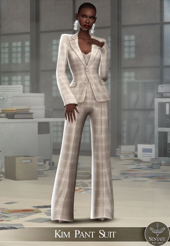 black female Sim wearing a plaid grey suit