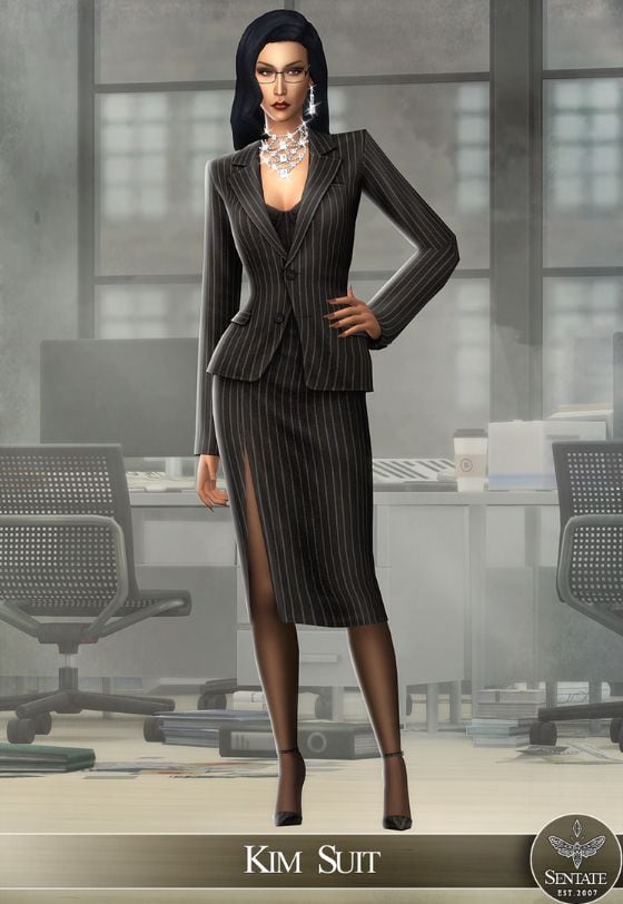 female Sim wearing a dark skirt suit