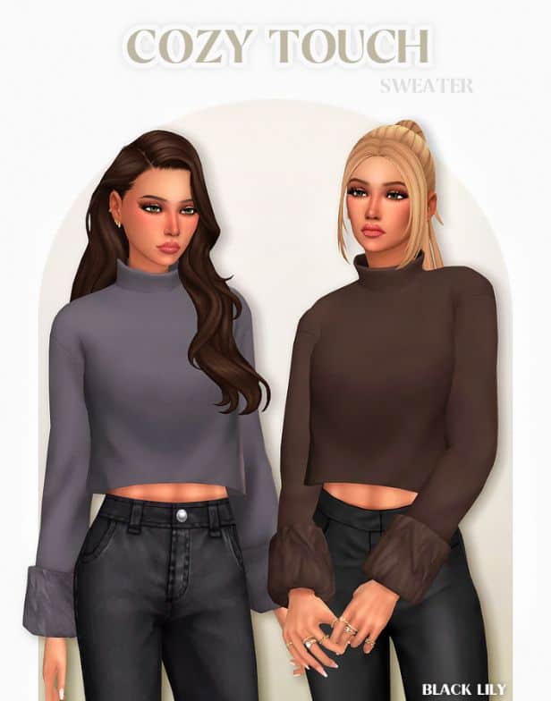 two female Sims wearing cropped sweaters with fluffy sleeve cuffs