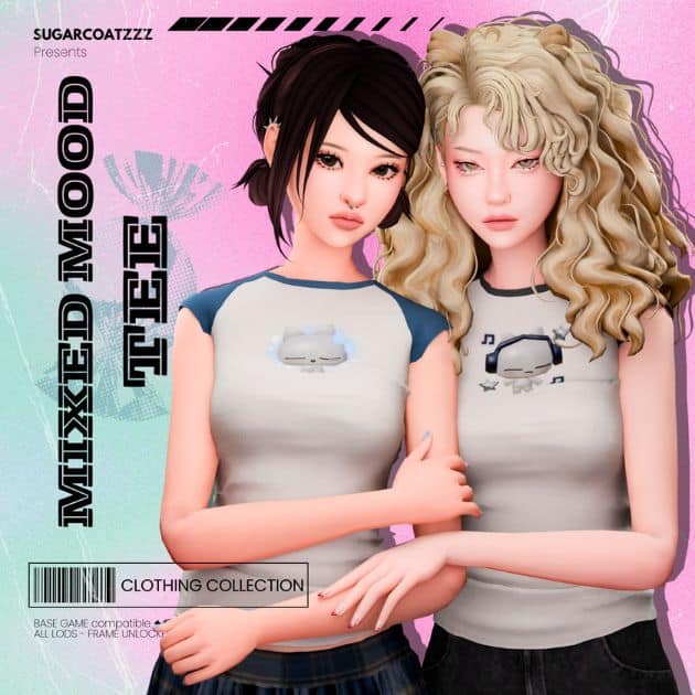 two female Sims wearing T-shirts with print designs