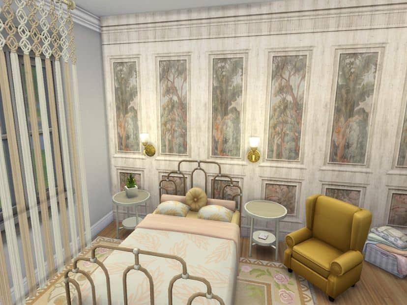 a bedroom with art panels walls