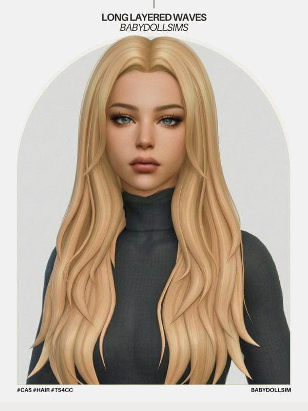 blond female Sim with long layered wavy hair