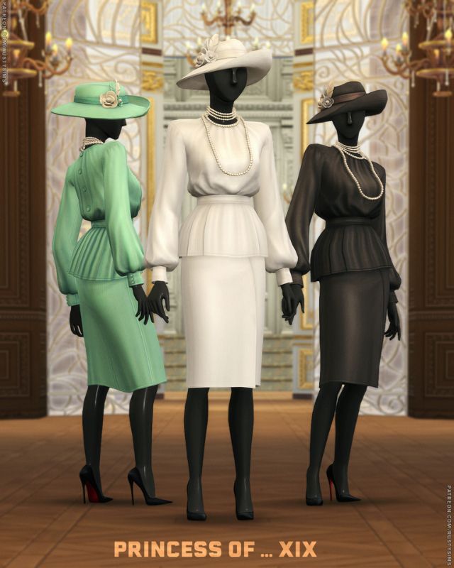 three mannequins wearing peplum styles dresses and hats