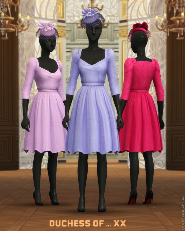 three mannequins wearing chic dresses and fascinator hats