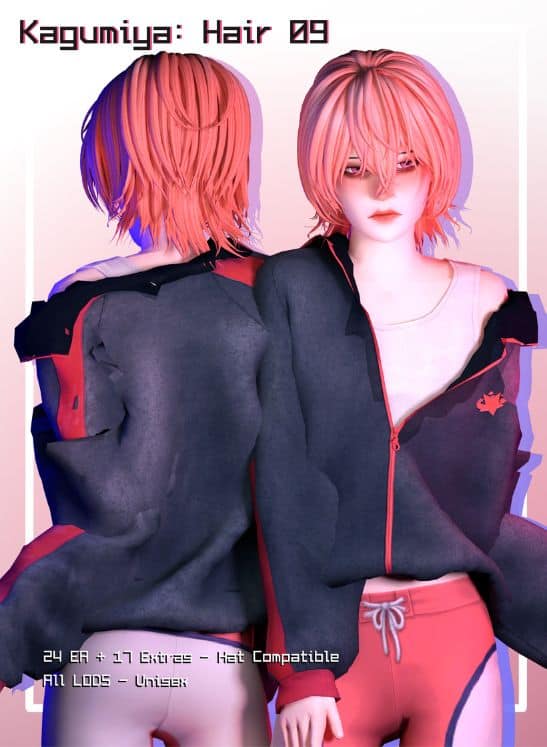 female Sim with a pink, short layered hairstyle