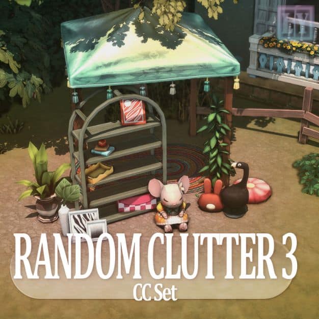 a shelving unit outdoors filled with random clutter pieces