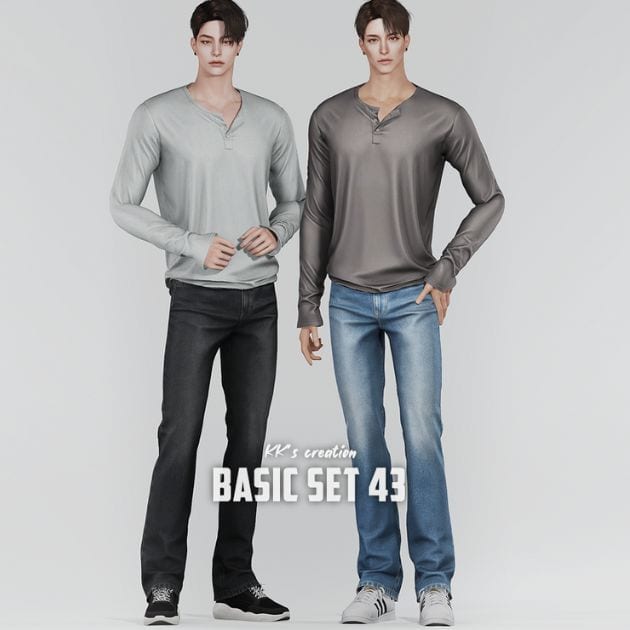 male Sims wearing casual long-sleeve tops and jeans
