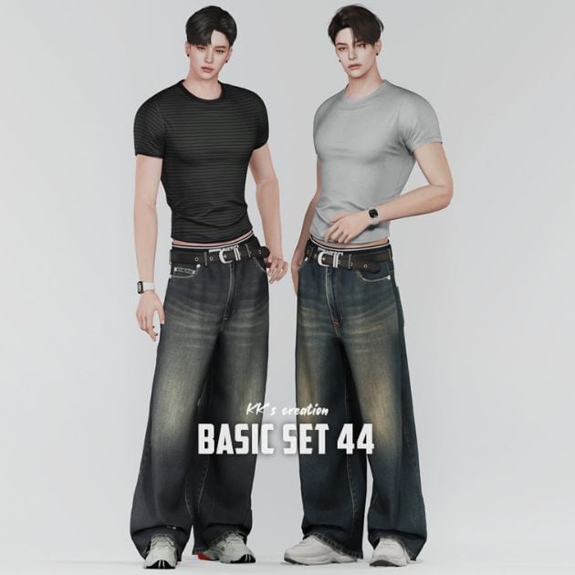 two male Sims wearing fitted tees and loose-fit belted jeans